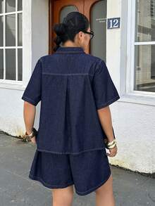 Rivivi Festival Plus Size Women's Summer Blue Non-Stretch Denim 2 Pieces Set - Dark Wash - View 2