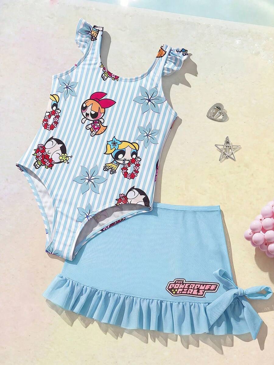 THE POWERPUFF GIRLS X SHEIN 女童條紋卡通印花連身泳衣,適合海邊度假、泳池派對、海灘派對 - 藍色 - 查看 1
