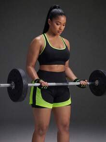 Powerista حمالة صدر رياضية للنساء بمقاس كبير باللون الأسود مع حافة خضراء نيون - الأسود - مشاهدة 6