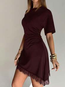 Aloruh Women's Elegant Round Neck Asymmetrical Hem Lace Patchwork Cinched Waist Short Sleeve Mini Dress Date Night Holiday Evening Night Out Burgundy Summer - Burgundy - View 4