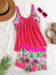Swim Lushoire Women's Summer Beach Vacation Tropical Print Lace-Panel Tankini Swimwear Set, Magenta Two Pieces Swimwear Set - Multicolor - View 2