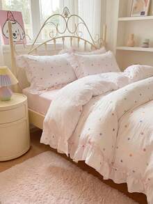 SHEIN 3-Piece Set Of Wrinkled Yarn Korean Lace Bedding Quilt Cover Set, Including 1 Quilt Cover And 2 Pillowcases (Excluding Core), Cute Color Polka Dot Printing Quilt Cover, The Fabric Is Comfortable And Soft, Suitable For All Seasons - Multicolor - View 7