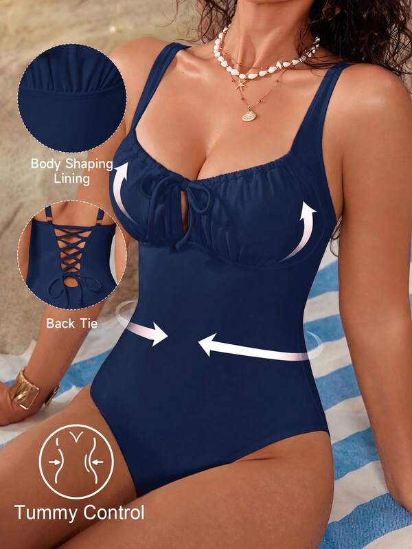 Shapewave Traje de baño de una pieza de unicolor para mujer, azul marino, elegante y sexy, para vacaciones de verano en la playa
