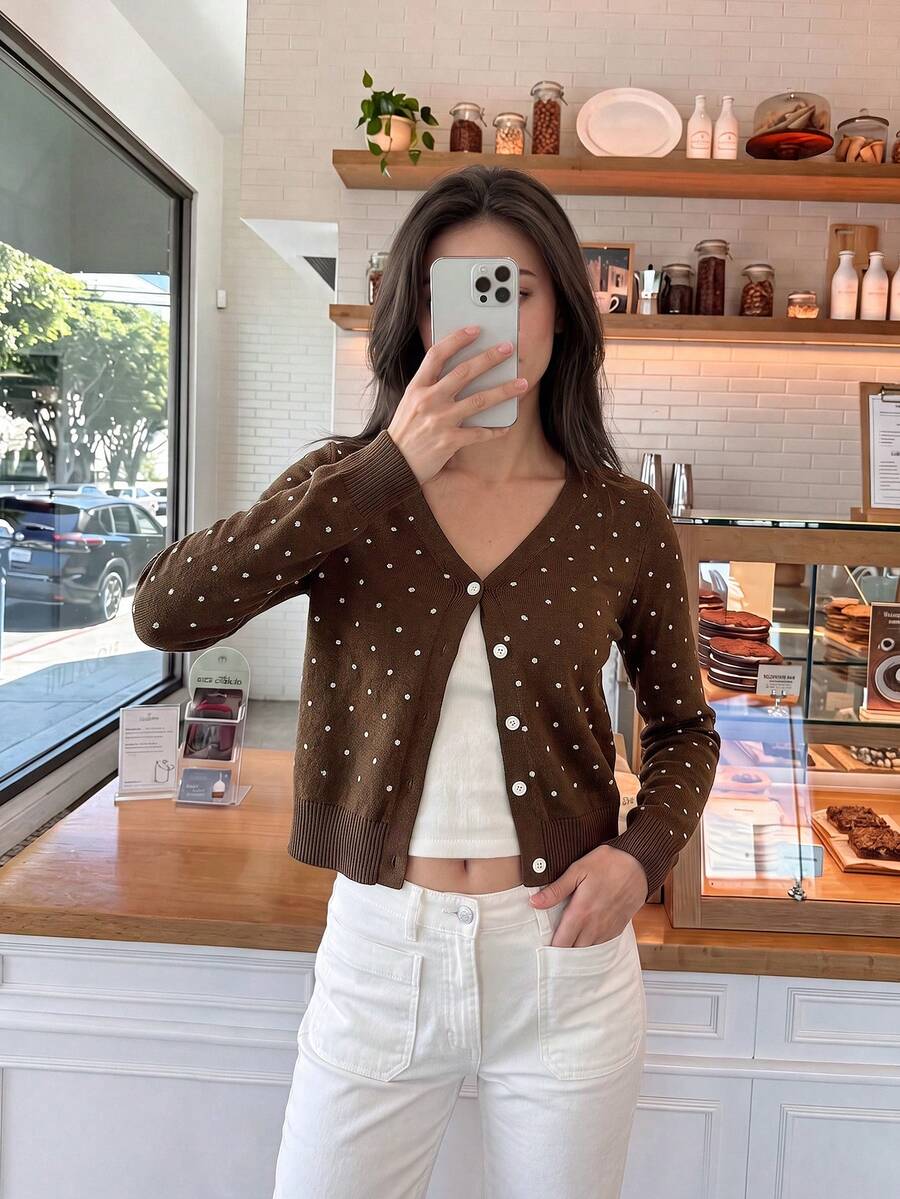 SHEIN Frenchy Women's Polka Dot Pattern Long Sleeve Single-Breasted Pearl Button Cardigan - Brown - View 1