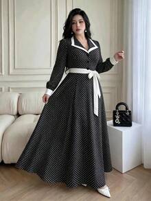 Vibekara Frühling/Herbst elegantes modisches minimalistisches Date-Pendler-Stil Langarmkleid, Reverskragenkleid mit Seitenfalten, rotes Langarmkleid, Schleife, Urlaub, Sommer Damen Outfit, Frühling/Herbst japanisches süßes niedliches schwarz-weißes Polka-Dot-Kleid, neues zierliches College-Stil verjüngendes schlankmachendes elegantes professionelles Date-Langkleid, Sommer neues französisches lockeres Kleid - Schwarz und Weiss - Übersicht 6