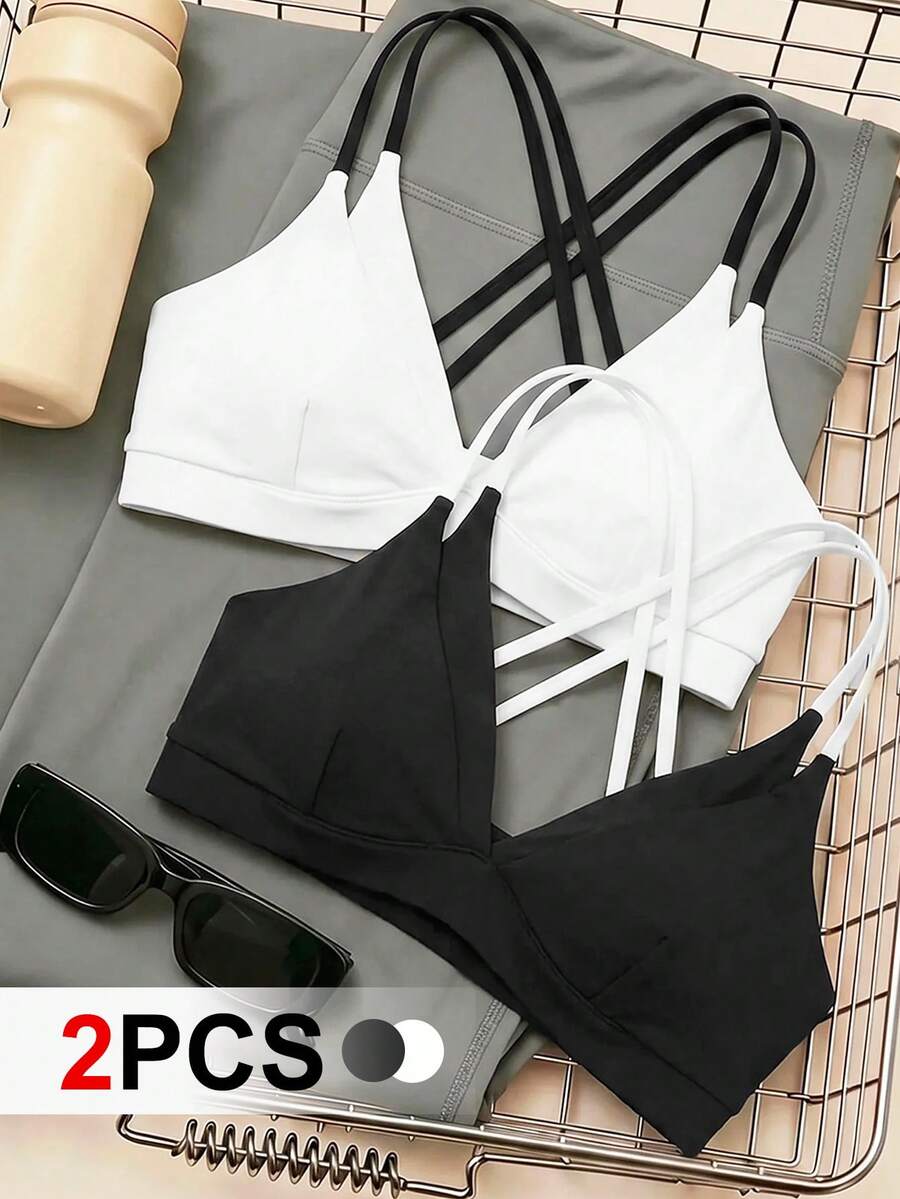 Cheerettes 女款 2 件組拼色交叉背日系健身運動內衣，柔軟彈性、透氣吸濕，可拆式內墊，對比色肩帶，適合健身房與瑜伽