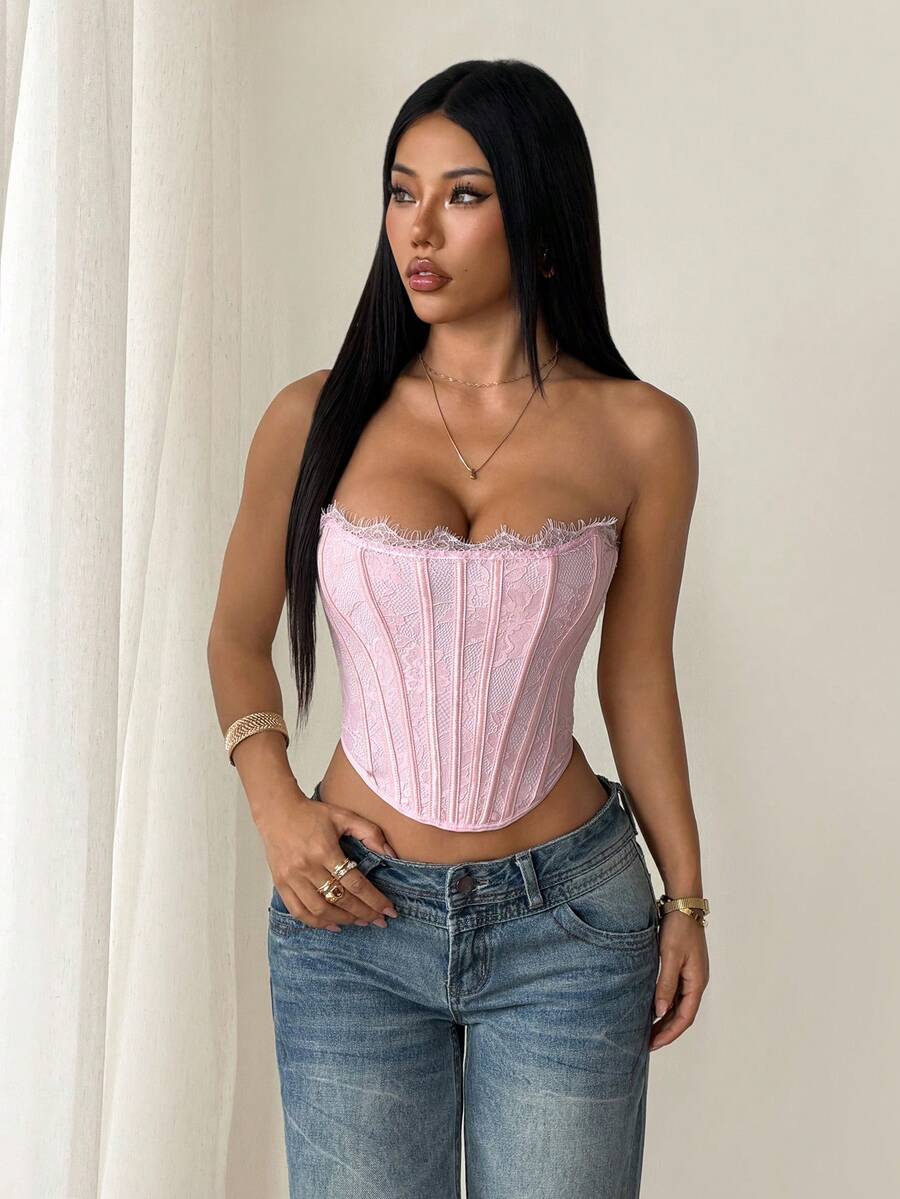 SHEIN PETITE 粉色夏季性感派對女款蕾絲束腰上衣,純色內衣上衣,適合海灘度假、夜晚外出、夜店、雞尾酒會、泳池派對與日常穿著,適合嬌小女性 - 粉色 - 查看 1