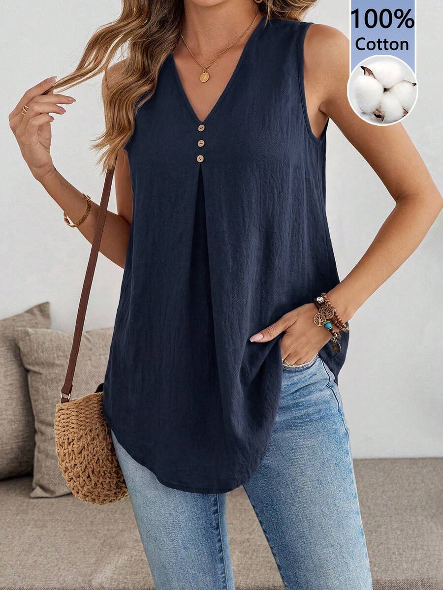 SHEIN LUNE 休閒女款夏季棉質鈕扣設計無袖 100% 襯衫 - 藏蓝色 - 查看 1