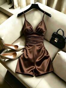 Franclia French Luxury Champagne Satin Waist-Cinched Cami Romper - Brown - View 1
