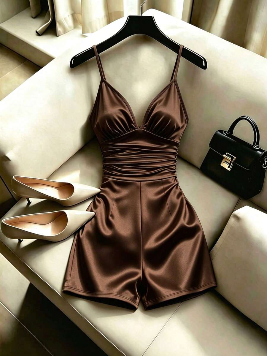 Franclia French Luxury Champagne Satin Waist-Cinched Cami Romper - Brown - View 1