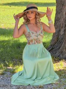 Jeta Ari Women's Sage Green Floral Jacquard Sleeveless Dress,Summer Cottage Core Tea Party Dress,Vacation Prom Elegant - Green - View 5