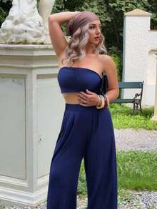 Jeta Ari Women Fashionable Ruched Strapless Wide Leg Pants Set Summer Vacation Holiday Beach BOHO Sexy Elegant - Navy Blue - View 3