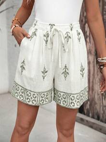 EMERY ROSE Women's Drawstring Waist Pattern Print Casual Boho Modest Shorts Vacation Pastel Green Summer Beach Panlakad - Green - View 3