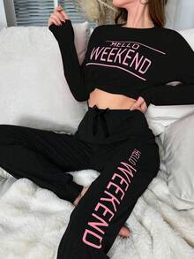 Lazeform Ladies' Long Sleeve Pajama Set With Letter Pattern, Fall Winter Clothes Cozy And Elegant Details - Black - View 6