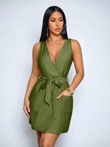 SOLERSUN Elegant And Casual V-Neck, Fitted Waist, Belted Short Dress For Women, Suitable For Everyday Commuting And Casual Wear, Beach Vacations, Mother's Day Short Dress, Yellow Dress. - Army Green - View 7