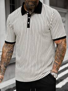 Manfinity CasualCool 男士夏季街頭休閒條紋拼接滾邊 Polo 衫 - 黑與白 - 查看 4