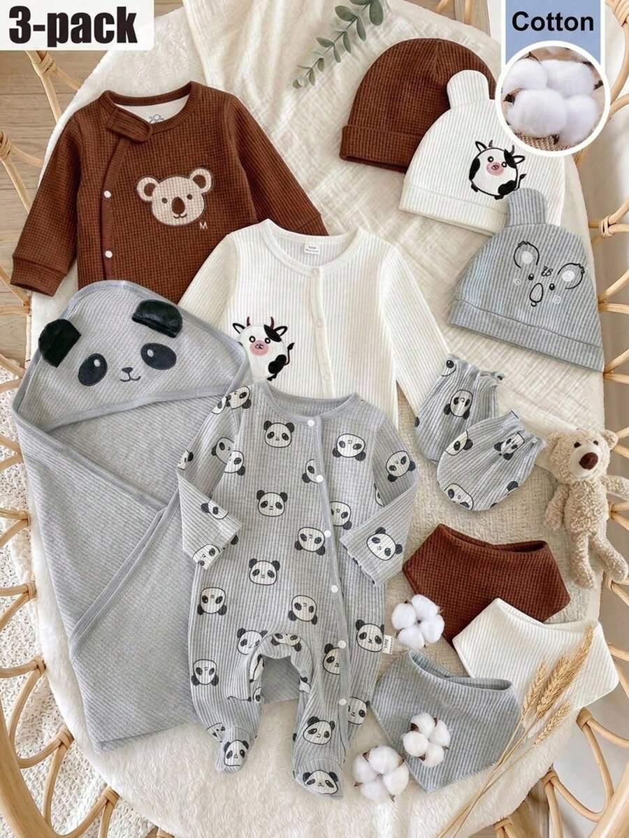 3pcs Set Summer Autumn Winter Newborn Baby Home Wear Cute Panda Print Grey Long Sleeve Footed Romper + Exquisite Panda Embroidery Swaddle + Gloves - Grey - View 1