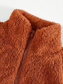 SHEIN EZwear 女款半拉鍊白色刷毛字母貼布設計運動衫，適合夏日穿搭及秋冬穿著 - 鏽棕色 - 查看 5
