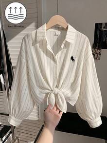 SHEIN Irls' White Collared Drop-Shoulder 3/4 Sleeve Shirt Preppy Style Versatile For School Casual Spring - Black and White - View 3