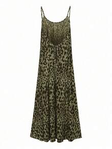 SHEIN Swim 夏季新款豹紋網紗長款優雅波希米亞風性感休閒細肩帶罩衫洋裝，女款復活節度假鄉村假期海灘綠色 - 軍綠色 - 查看 8