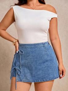Elaquor Plus Size Women's Side Tie Waist Split Hem Casual Sexy Loose Fit Denim Skirt Date Night Birthday Club Blue Summer - Medium Wash - View 8
