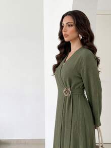 Solavon Abaya Arab Sederhana Wanita Lengan Panjang Warna Polos dengan Model Silang - Hijau - View 7