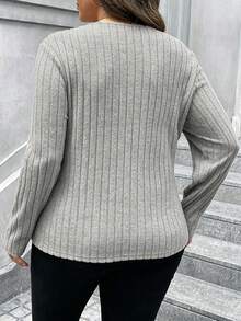 SHEIN LUNE Plus Size Women's Ribbed Texture Long Sleeve T-Shirt - Grey - View 2
