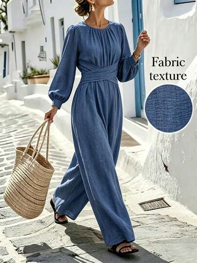 SHEIN Holidaya Commuter Jumpsuit Gathered Round Neck Bubble Long Sleeve Cross TieWaist Wide Leg OnePiece Suit