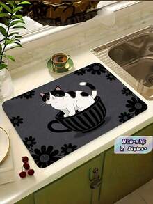 1PC Large Microfiber Rubber Base Super Absorbent Quick Drying Non Slip Easy Clean Waterproof Durable Cute Kitten In Cup Pattern Kitchen Countertop Dish Drying Mat Coffee Mat For Home Coffee Bar Sink Dining Table Kitchen Accessories Decor Gift - Multicolor - View 1