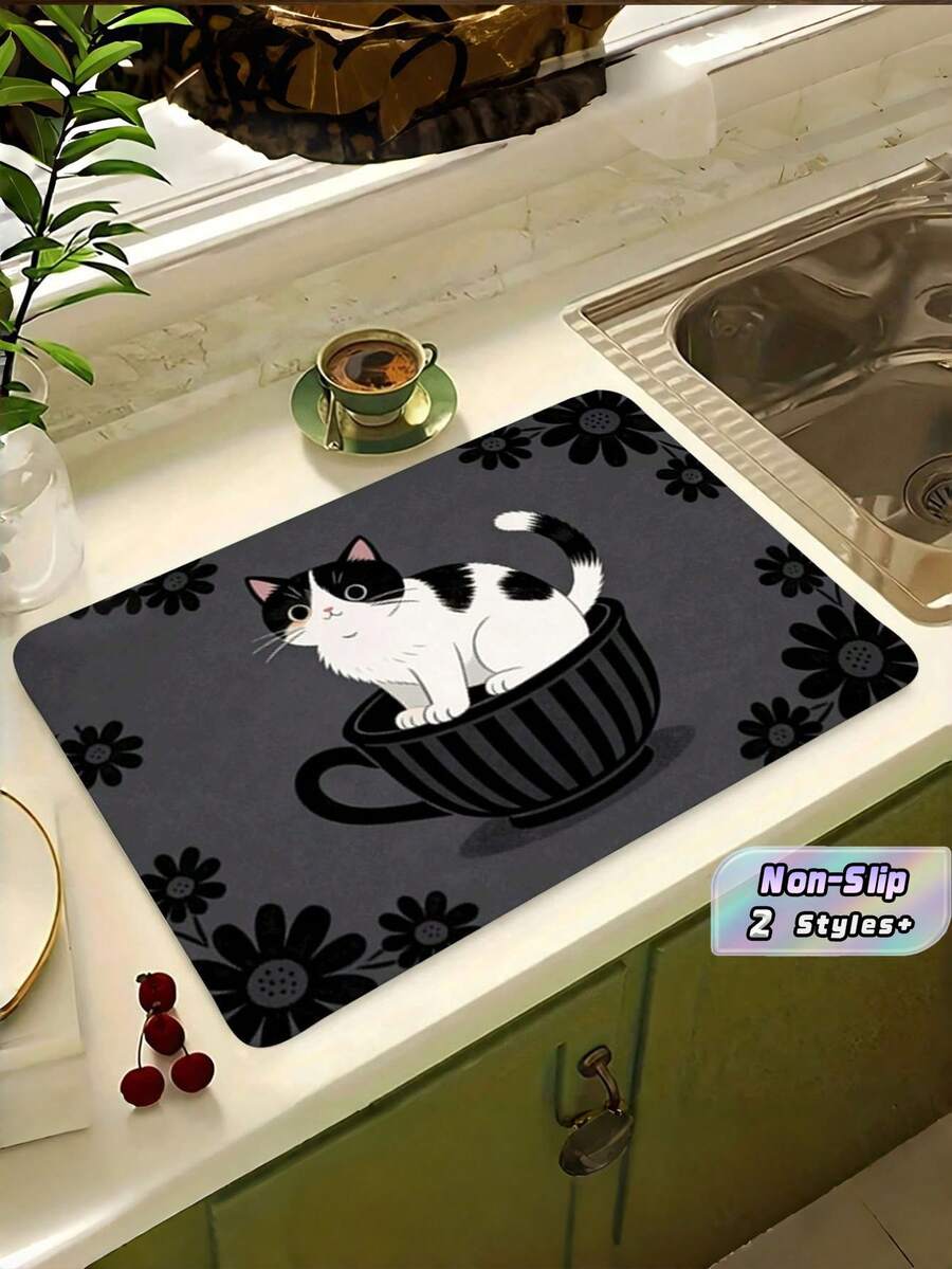 1PC Large Microfiber Rubber Base Super Absorbent Quick Drying Non Slip Easy Clean Waterproof Durable Cute Kitten In Cup Pattern Kitchen Countertop Dish Drying Mat Coffee Mat For Home Coffee Bar Sink Dining Table Kitchen Accessories Decor Gift - Multicolor - View 1