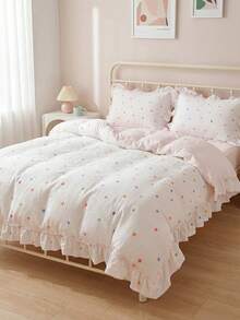 SHEIN 3-Piece Set Of Wrinkled Yarn Korean Lace Bedding Quilt Cover Set, Including 1 Quilt Cover And 2 Pillowcases (Excluding Core), Cute Color Polka Dot Printing Quilt Cover, The Fabric Is Comfortable And Soft, Suitable For All Seasons - Multicolor - View 2