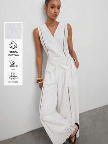 Maija 白色夏季女款兩件套，刺繡蕾絲拼接V領綁帶無袖上衣搭配寬鬆寬腿長褲 - 白色 - 查看 3