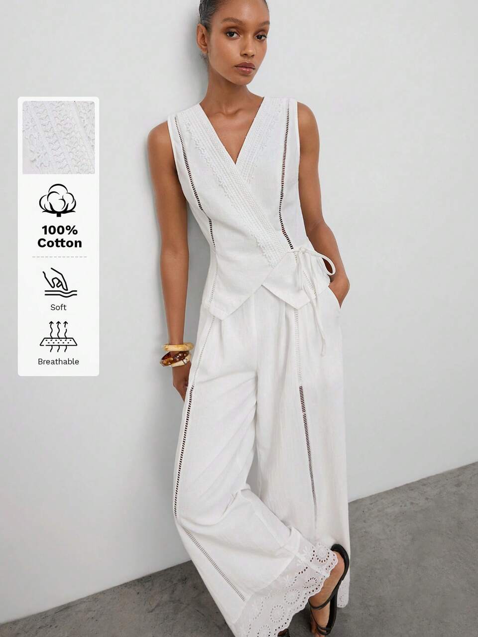 SHEIN Maija White Summer Women's 2-Piece Set Embroidered Lace Patchwork V-Neck Wrap Tie Sleeveless Top And Loose Wide Leg Long Pants