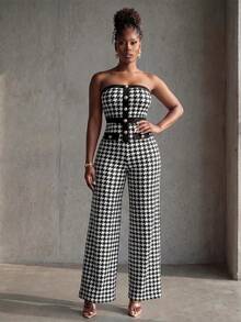 BamGlimmer Women Houndstooth Print Bandeau Jumpsuit - Black and White - View 8
