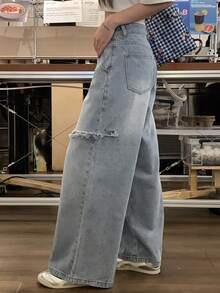 FRIFUL Celana Jeans Denim Kasual Serbaguna untuk Wanita, Dilengkapi Saku dan Kancing, serta Atasan yang Cantik - Biru - View 3