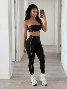 BamGleam Sleeveless Black Micro Crop Strapless Set For Active Lifestyle Strapless Two Piece Set Two Piece Legging Set Workout Set Two Piece Gym Two Sports - Black - View 3