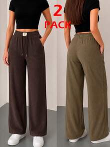 Set de 2 pantalones de pierna ancha para mujer, multicolor. Ajuste de cintura natural y cordón ajustable. Textura canalé. Bolsillos funcionales. Te llegarán 2 pantalones en colores al azar. - Multicolor - Ver 8