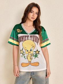 LOONEY TUNES X SHEIN Women's Cartoon Pattern Striped Print Contrast Color Short Sleeve T-Shirt - Apricot - View 4