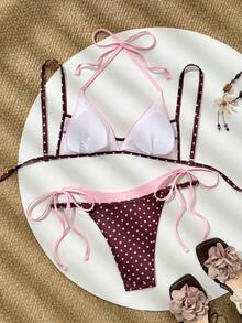 Swim Vcay 2件/套 女款夏季海灘套裝，隨機彩色印花吊帶上衣 & 比基尼泳褲泳裝套裝 - 彩色 - 查看 2