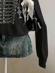 SHEIN EZwear 秋季新款 Grunge 個性化 Napo 拿破崙花卉圖案 寬鬆灰色半拉鍊高領薄款運動衫套頭衫，Y2K、音樂節、萬聖節、派對、畢業季、約會、聚會 - 黑色 - 查看 4