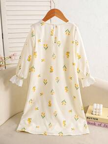 SHEIN 女童寬鬆休閒刺繡蕾絲飾邊拼接紫色碎花梭織長袖蝴蝶結家居睡裙 淡黃色碎花 秋冬套裝 - 杏色 - 查看 4