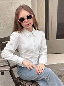 SHEIN Tween Girls White Blouse,Elegant Long Sleeve Shirt With Collar And Bishop Sleeves,Back-To-School,School Clothes For Teen Girl,Autumn Winter Fashion - White - View 1