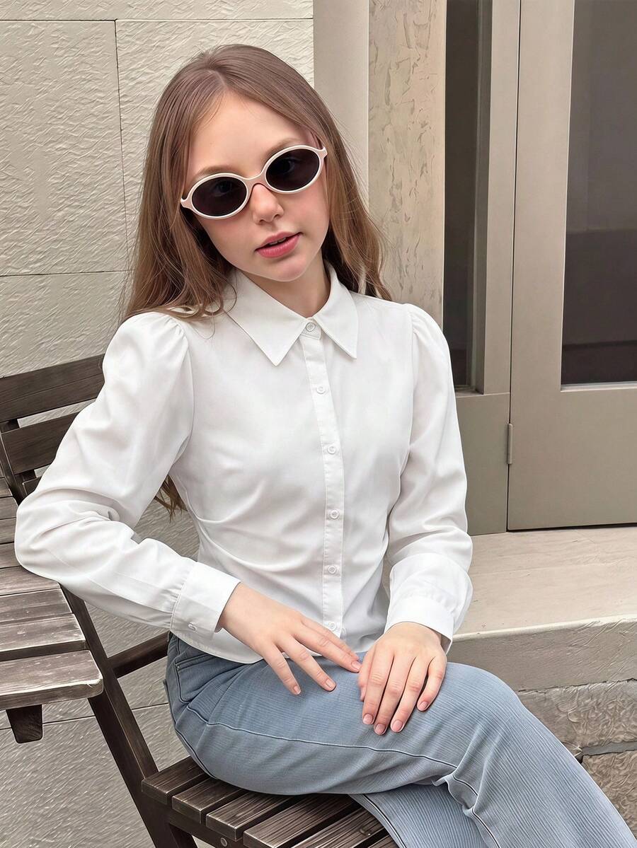 SHEIN Tween Girls White Blouse,Elegant Long Sleeve Shirt With Collar And Bishop Sleeves,Back-To-School,School Clothes For Teen Girl,Autumn Winter Fashion - White - View 1