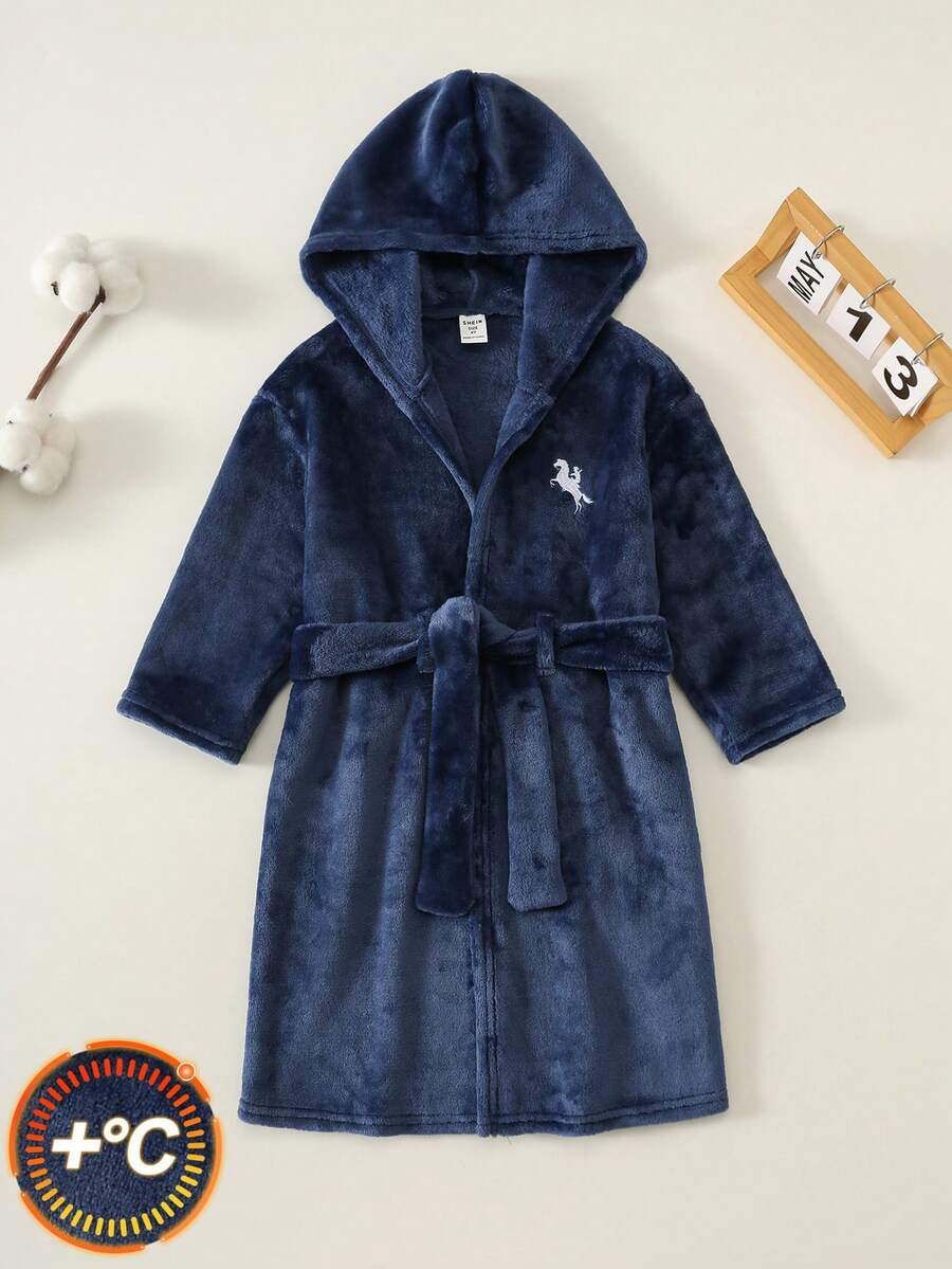 小男孩兒童秋冬休閒毛茸茸刺繡圖案連帽藍色家居服浴袍睡衣 - 彩色 - 查看 1