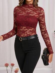 SHEIN Clasi 女款蕾絲立領長袖透視修身性感上衣 - 紅色 - 查看 6
