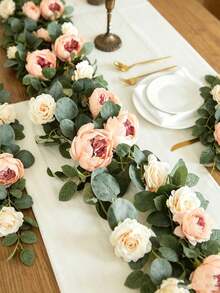 Cirelle 1 buah Karangan Bunga Buatan dengan Mawar Champagne, Karangan Bunga Daun Eucalyptus Tiruan untuk Hiasan Meja, Dekorasi Lengkungan Pernikahan, Hiasan Tengah Meja Resepsi, Latar Belakang Pesta - MultiWarna - View 16