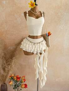 Soleia Women's Vacation Casual Solid Color Tank Top & Ruffle Hem Skirt 2 Pieces Set - White - View 6