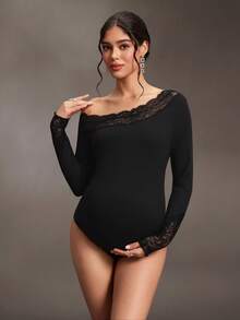Cheriluna Maternity 不對稱單肩蕾絲拼接內搭衫，不對稱領口，長袖喇叭袖口，高腰修身剪裁，性感孕婦優雅黑色冬季款 - 黑色 - 查看 4