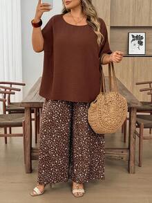 SHEIN CURVE+ Curve 尺码 US22 音乐节、海滨度假、波西米亚风两件套女士度假宽松衬衫和碎花长裤套装 夏季套装 - 棕色 - 查看 1