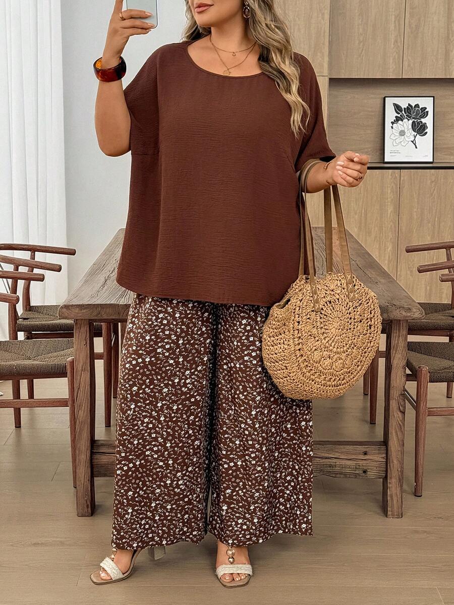 SHEIN CURVE+ Curve 尺码 US22 音乐节、海滨度假、波西米亚风两件套女士度假宽松衬衫和碎花长裤套装 夏季套装 - 棕色 - 查看 1